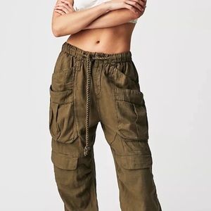 Free People Rock And Crop It Pants Cargo Rope Tie Banded Hemlines Olive